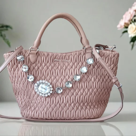 Miu Miu Nappa Matelasse Swarovski Crystal Tote Cammeo EUC - Picture 4 of 16